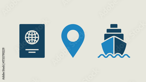 Passport map pin and cruise ship icons simple flat vector design elements for travel and tourism isolated on white background