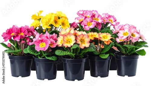 Wallpaper Mural Colorful primroses in dark pots against a white background Torontodigital.ca