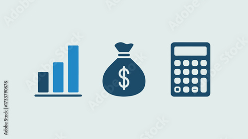 Financial icon set with graph money bag and calculator simple flat vector design for business and accounting isolated on white background