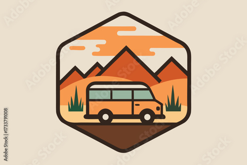 Retro Camper Van Road Trip Illustration with Mountains and Orange Sky in Hexagon Frame