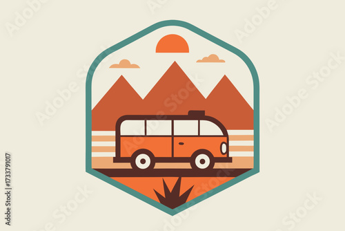 Retro Campervan Adventure Badge with Mountains, Sun, and Nature Illustration in Warm Tones