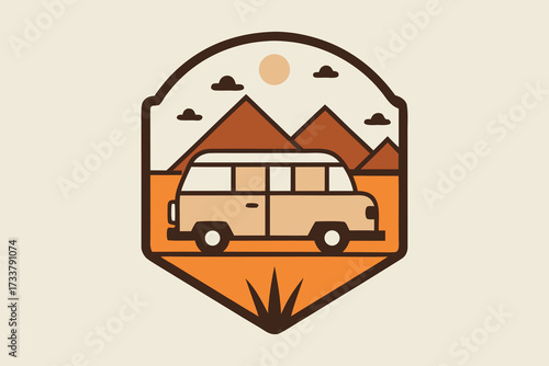 Retro Campervan Badge with Mountains, Sun, and Clouds in Muted Tones