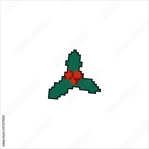 Retro pixel art mistletoe with red berries Retro 8bit game style Xmas icon isolated on white background
