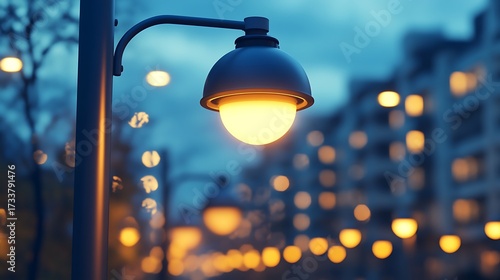 Illuminated urban evening scene with glowing streetlights and building windows