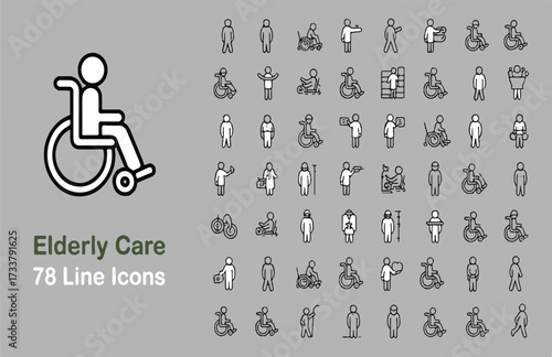 Elderly care line icons featuring people in wheelchairs and various activities Keywords: elderly care, senior care, disability, accessibility