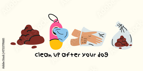 Clean up after your dog cartoon stickers in retro style. Proper walking of pets. Keeping the environment clean concept. Vector elements for design of the rules for walking dogs in park and street