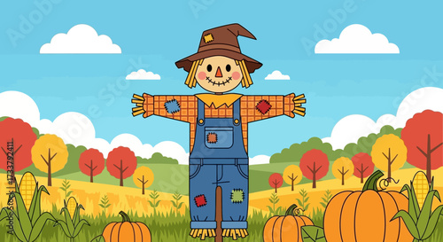 Scarecrow with autumn background. Harvest festival card.