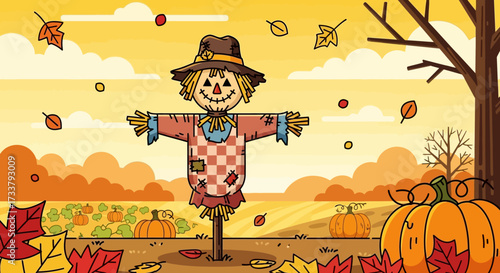 Scarecrow with autumn background. Harvest festival card.