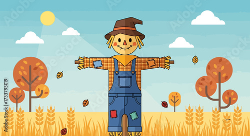 Scarecrow with autumn background. Harvest festival card.