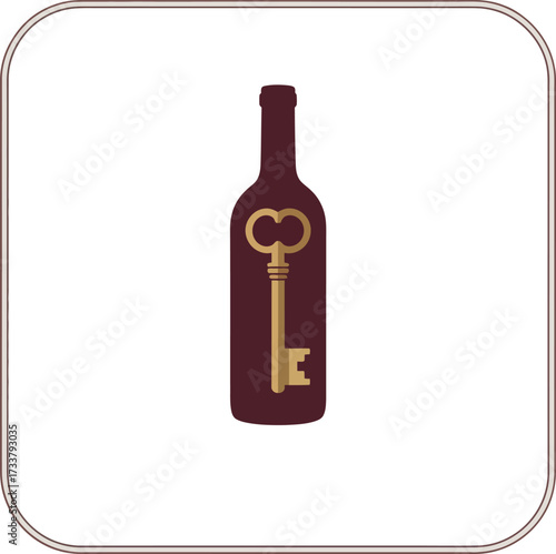 Minimal wine bottle icon, golden key symbol, refined hospitality branding, classic label frame, premium restaurant vector mark