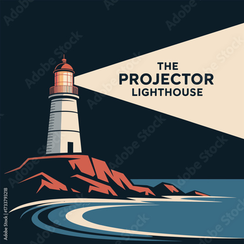 Projector lighthouse logo, cinematic guiding beam, coastal rock base, vintage film branding emblem, nautical cinema vector design