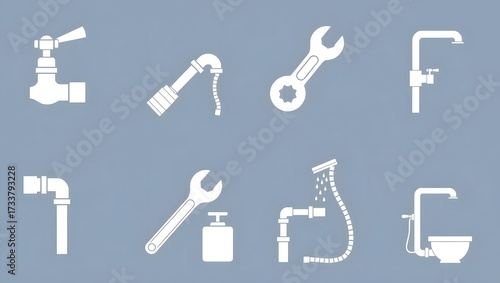 Plumbing tools and elements, vector icons, pipe, tap, wrench, shower, simple grid, modern look