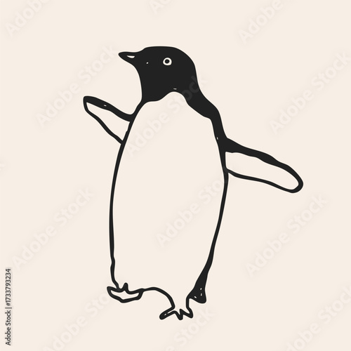 King imperial Penguin. Walking penguin. Cute adorable black and white bird. Hand drawn modern Vector illustration. Isolated design element. Sticker, logo, print template