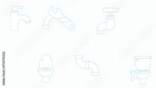 plumbing icons in flat vector style, faucet, wrench, pipe, toilet
