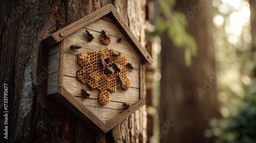 Wooden beehive house on tree trunk