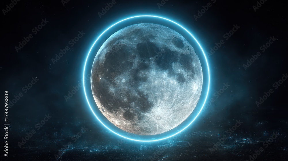 Fototapeta premium Full moon, neon ring, cosmic scene