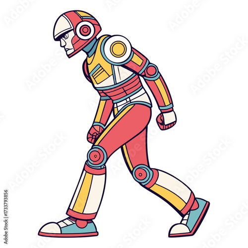 Brightly colored humanoid robot walking forward machine