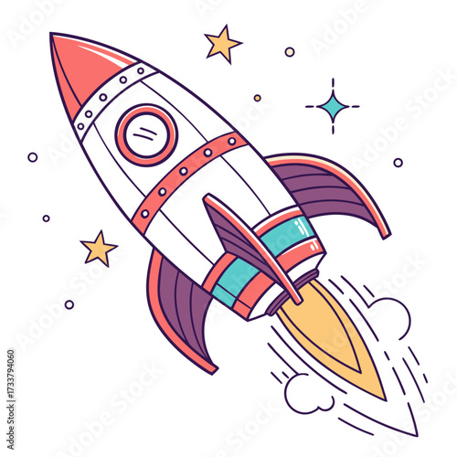 Colorful cartoon rocket ship flying with stars and sparks