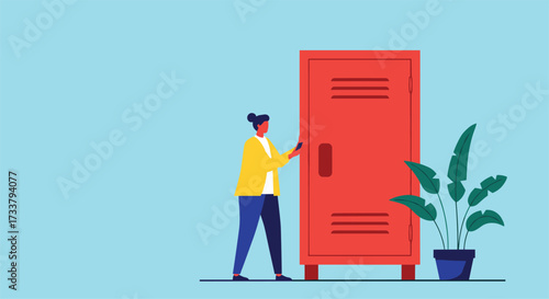 A person opens a bright red locker in a school hallway next to a potted plant.