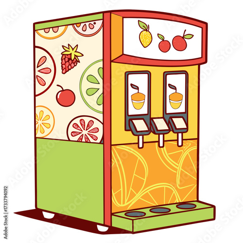 Colorful cartoon juice dispenser with fruit patterns