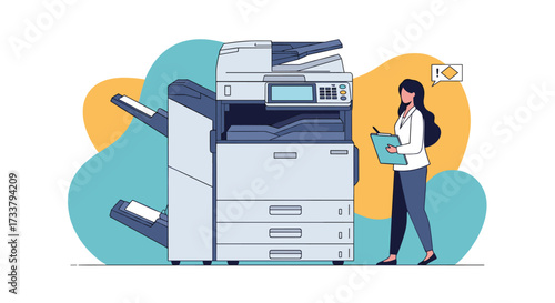 A woman operates a modern office copier machine for document management tasks.