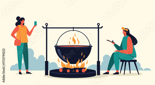 Two people enjoying outdoor cooking by a campfire with a large pot over the flames.