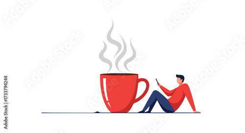 A man sits on the floor near a large red coffee cup with steam rising from it while looking at his phone.