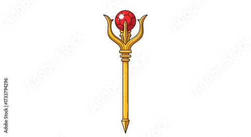 A golden ceremonial staff topped with a glowing red orb and intricate golden prongs.
