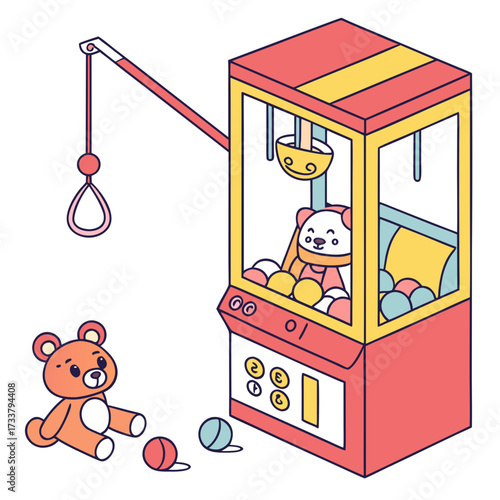 Colorful isometric arcade claw machine with teddy bear