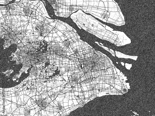 Photography Poster-ready black and white illustration map of Greater Shanghai, China, detailed and artistic