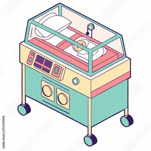 Colorful isometric hospital incubator with baby medical