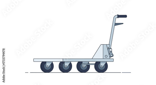 A flatbed trolley with four wheels and a handle for easy transportation of goods.