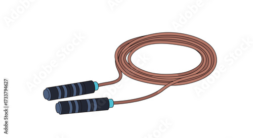 A close up shot of a brown jump rope with black handles on a white background.