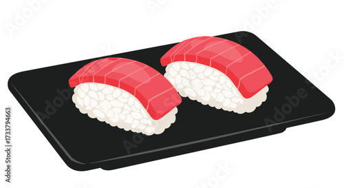 Two pieces of delicious tuna nigiri sushi served on a black rectangular plate.