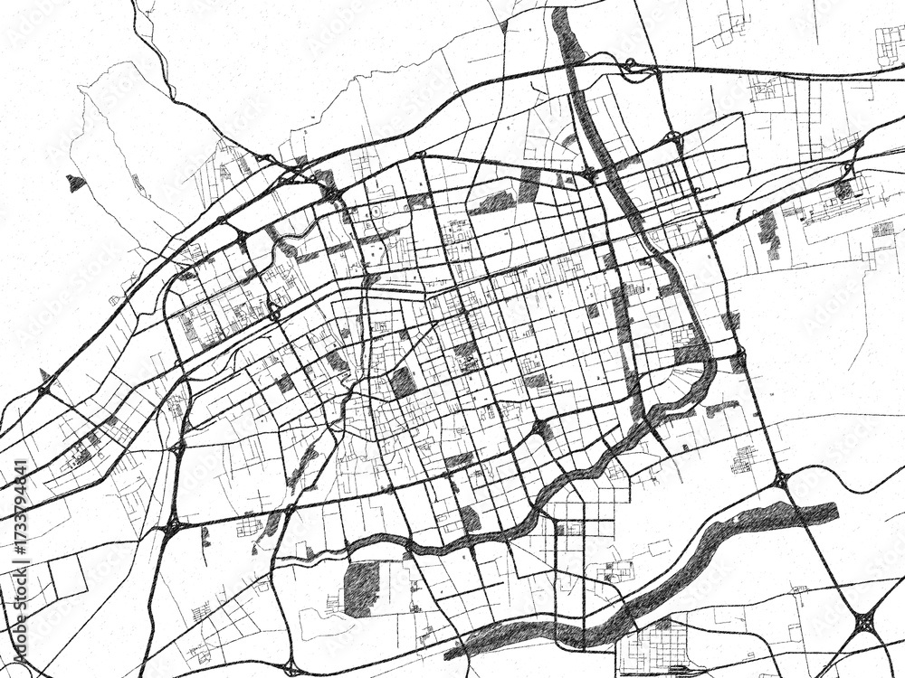 Naklejka premium Illustrated city map of Hohhot, China, in black and white, showing roads and textures.