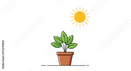 A small green plant grows in a brown pot receiving sunlight from a yellow sun in the sky.