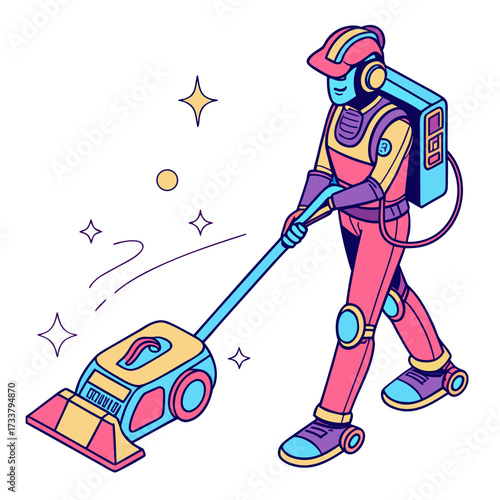 Colorful robot vacuuming with sparkling effect vacuum cleaner