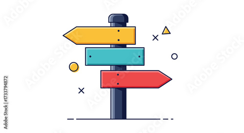 A post with colorful directional signs pointing in different directions.