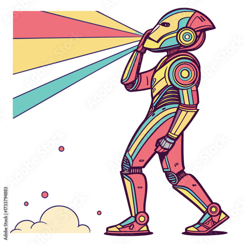 Colorful robot emitting light beams from head android