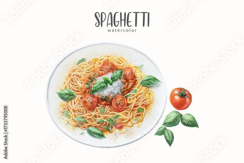 spaghetti with tomato and basil watercolor vector on white isolated background