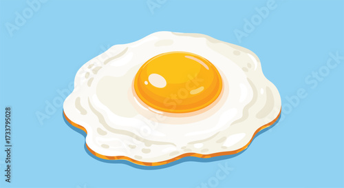 A simple fried egg with a vibrant yellow yolk and fluffy white edges on a plain blue background.