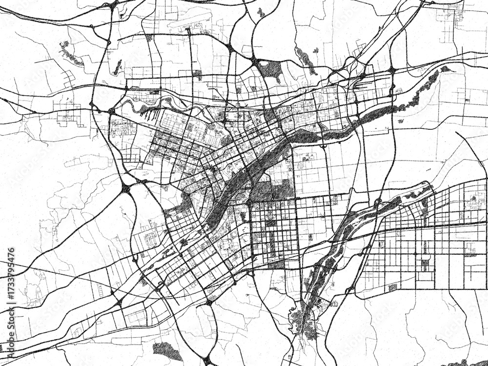 Fototapeta premium Minimalist monochrome city map of Luoyang, China, illustrated with urban detail.