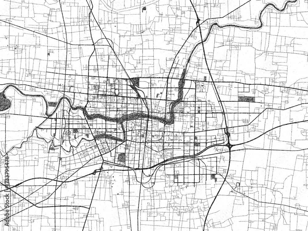 Fototapeta premium Urban black and white map of Luohe, China, designed in a sketch style for prints.