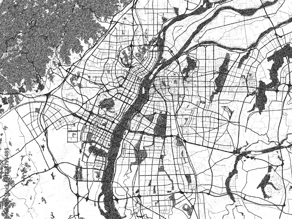 Naklejka premium Monochrome sketch map of Nanchang, China, ideal for posters, prints, and travel design.
