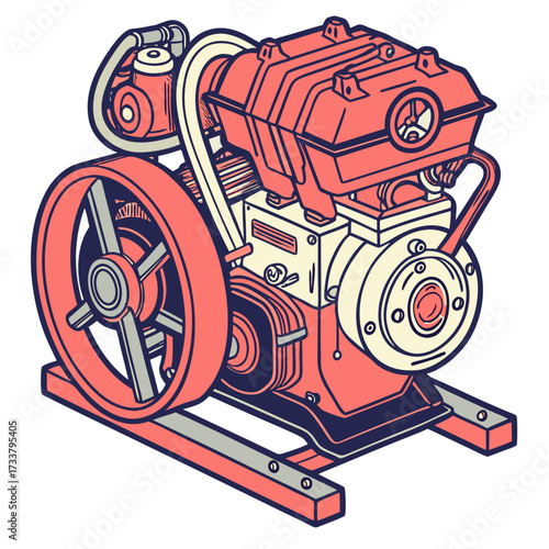 Coral and cream engine with navy blue outlines machine