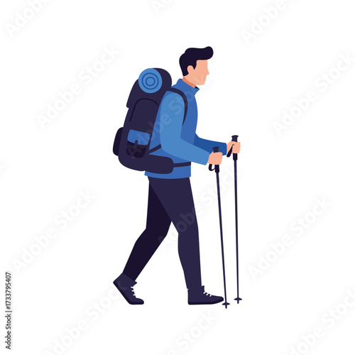 Solo Trekker Illustration Exploring the Outdoors with Backpack and Hiking Poles