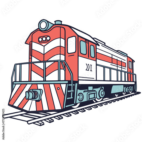 Coral and teal train engine on tracks vector graphic
