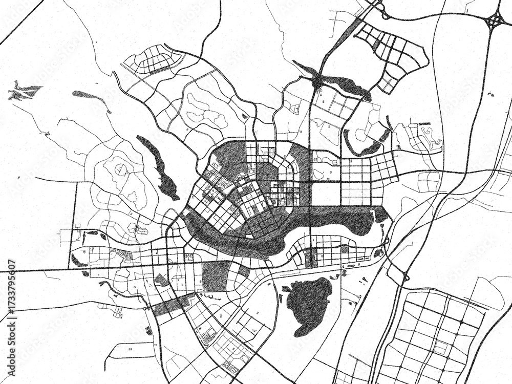 Naklejka premium Black and white map poster of Ordos, China, illustrated in hand-drawn style.