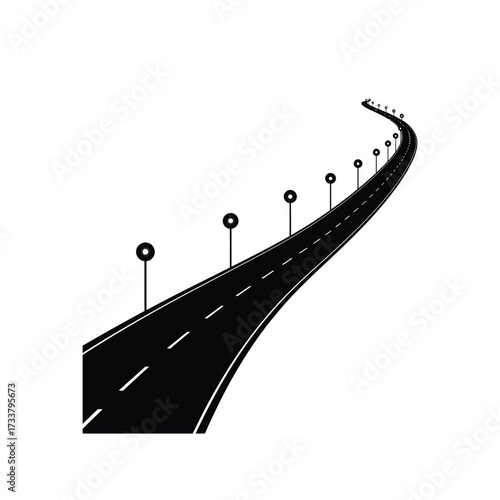 Winding Road An Illustration of a Curving Asphalt Path with Streetlights