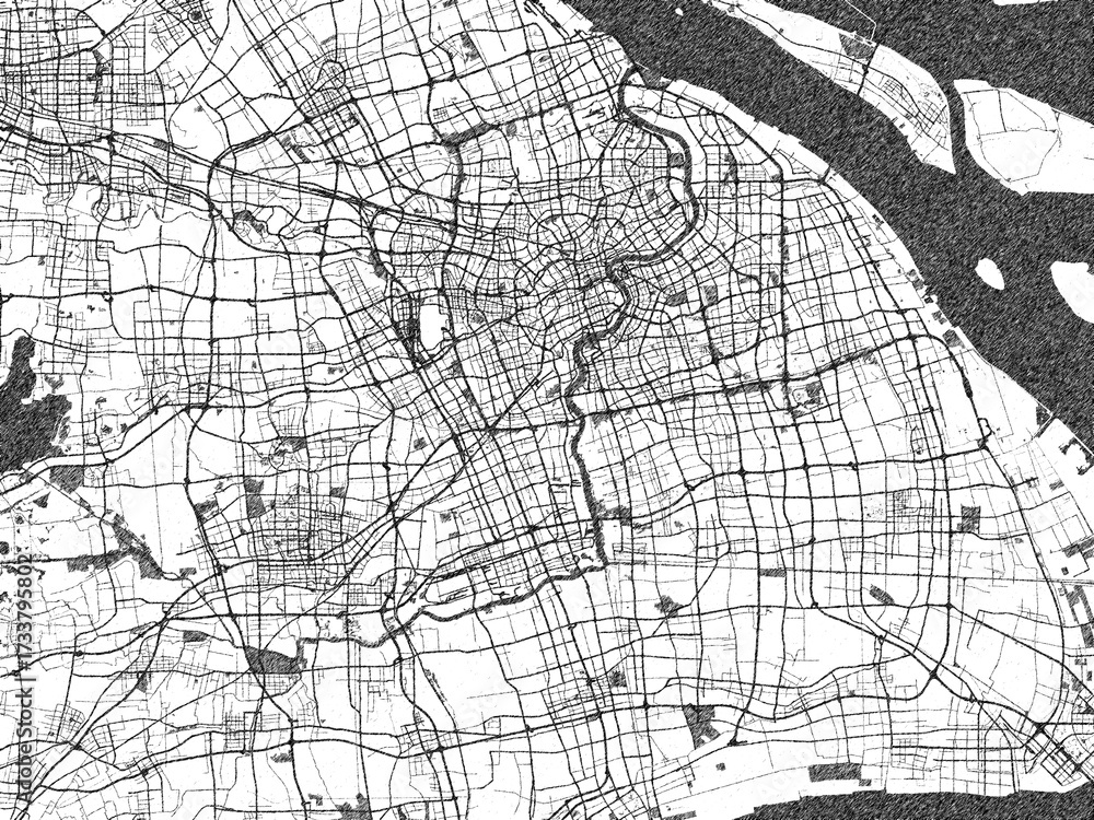Naklejka premium Stylized black and white urban map of Shanghai, China, hand-drawn style for decor and creative use.